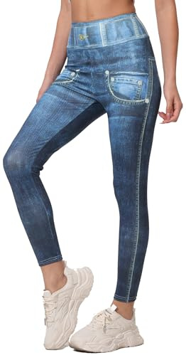 In One Clothing Jeggings pour femme, leggings légers et élastiques avec imprimé jean, avec l'aspect d'un jean moulant