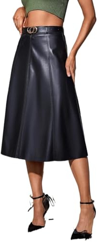 Gonna Pelle，Gonna Pelle Donna Gonna svasata in pelle PU da donna Gonna longuette solida a vita alta retrò Elegante gonna chic da donna con cintura(S)