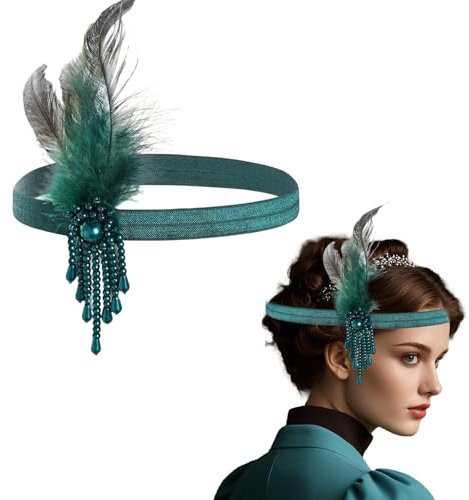 Yphzmtz Fascia per capelli con piume anni '20, copricapo con strass, per donne e ragazze, feste a tema gatsby, cocktail party (verde, taglia unica)