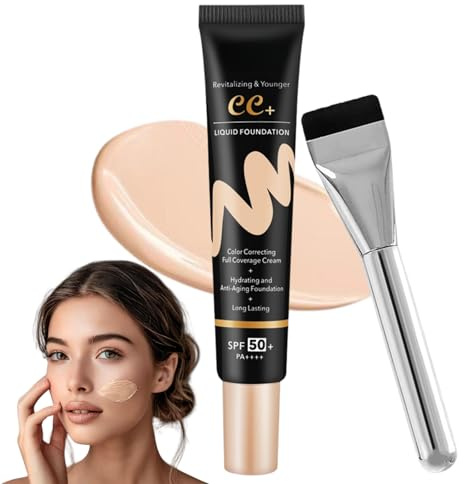 Hydrating CC Cream with SPF 50+,Color Correcting Cream Full Coverage with Brush,Waterproof Flawless Lightweight Powder Foundation,Moisturize AntiAging Serum Primer Facial Concealer Refine SkinTexture
