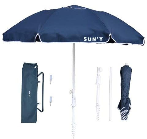 SUN'Y ESCAPES Beach Umbrella 6.5ft - Wind Resistant with Sand Anchor & Tilt, UPF 50+ Recycled Ocean Bound Fabric Canopy - Portable with Carry Bag