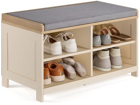 VonHaus Shoe Storage Bench with Padded Seat - Hallway Bench & 4 Open Shelves - Multifunctional Hall Footwear Unit with Wood Effect Top - Storage Solutions for Entryway & Porch - Ash Hall (Cream)