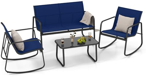COSTWAY Trädgårdsmöbler i 4 delar, uteplatsmöbler med mjuk gungrörelse, sittgrupp, sittgrupp för 4 personer, trädgårdsmöbelset inkl. 2 stolar, soffa och bord, för trädgård, terrass, balkong (blå)