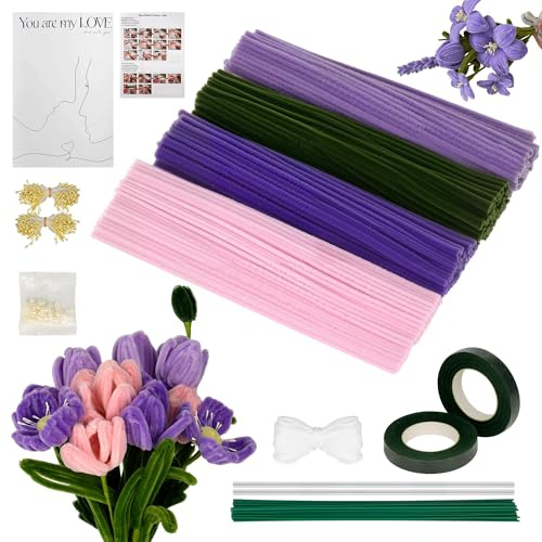 Vincona 400 Stück Pfeifenreiniger Blumen Set, Pfeifenputzer Blumen Zum Basteln （4 Farben） Inklusive 20 Blütenstiele, Band, Staubgefäße und Straußverpackung für Blumenstrauß DIY violett