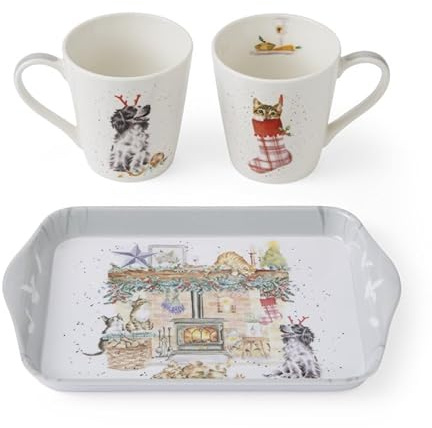 Wrendale Designs No Place Like Home Weihnachtstasse & Tablett Set mit Katzen- und Hundemotiven