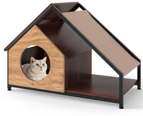 COSTWAY Katzenhaus Holz, 2 in 1 Katzenhöhle & Katzenbett in Hausform, Katzenvilla mit Veranda & abnehmbares Dach, Metallrahmen, Katzenmöbel Indoor, 84 x 43 x 58,5 cm, Braun