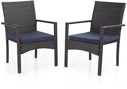 MFSTUDIO Gartenstühle 2er Set, Rattan Stühle Mit Armlehne, Outdoor Kissen Wetterfest, Garten Balkon Terrassen Möbel Set Sessel, Braun und Schwarz