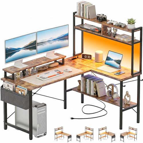 Homieasy Bureau Gaming d'angle 124cm avec LED et Prises, Brun Rustique