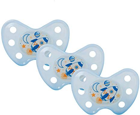 dentistar Night Silikon Schnuller 3er-Set - Größe 3, ab 14 Monate - Glow in the Dark Nuckel mit Dentalstufe – BPA-frei – Made in Germany - Rakete, Blau