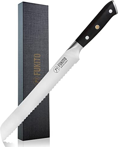 Fukito - Couteau à Pain Design Japonais Lame 23cm Acier Inoxydable Allemand X50 Manche Bois d'Ébène - Vendu Dans Un Coffret Cadeau
