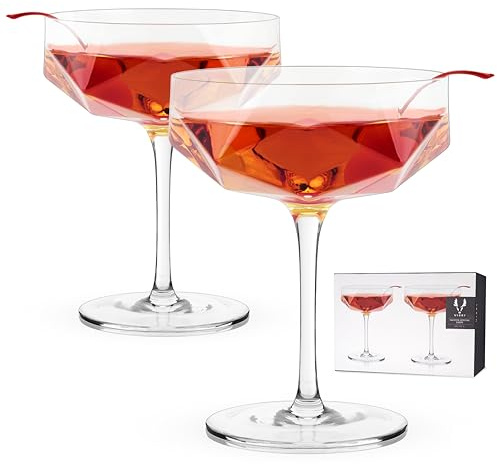 Viski Faceted Coupe Glasses Set of 2, Champagne, Martini, Wine, Crystal Cocktail Glasses for Bar, Drinking Glass Set of 2, 7oz