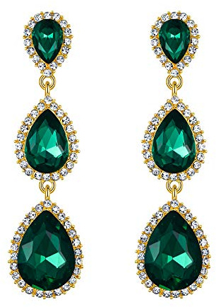 Clearine Femme Boucles d'Oreilles Triple Goutte d'Eau Cristal Autrichien Strass Parure Bijoux Mariage Vintage Fond d'Or Vert