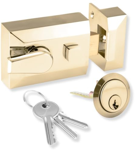 XFORT® Standard Deadlocking Night Latch 60mm, Complete with Rim Cylinder and 3 Keys, Elegant Polished Brass Nightlatch, External Door Lock for Front Door, High Security for Your Home or Workplace