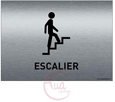 AUA SIGNALETIQUE - Plaque de porte Aluminium brossé imprimé AluSign - 210x150 mm - Double Face adhésif au dos (Escalier montant)