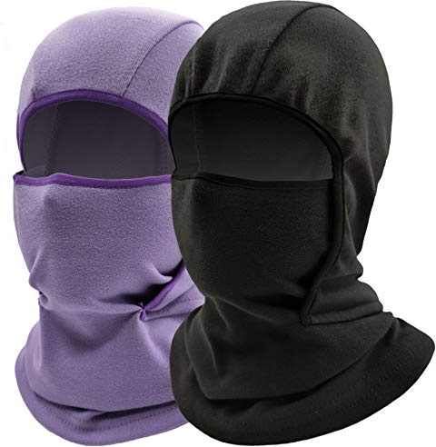 Kids Balaclava Ski Mask Windproof Fleece Neck Warmer Gaiter Winter Face Warmer for Cold Weather Boys Girls (2pcs Black+Purple)