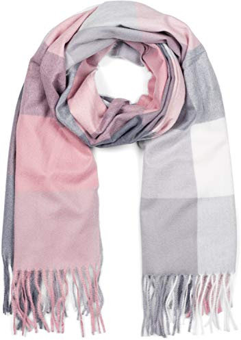 styleBREAKER Unisex weicher Karo Schal mit langen Fransen, bunt kariert, warme Winter Stola mehrfarbig 01017110, Farbe:Rosa-Grau-Weiß