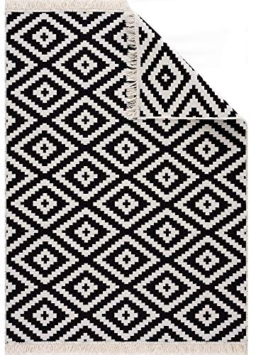 Jimri Teppich Läufer - Tepiche für Wohnzimmer, Schlafzimmer, Küche, Kinderzimmer, Badezimmer - Boho Kelim - Läufer Flur, Weiß-Schwarz, Größe: 160x230 cm