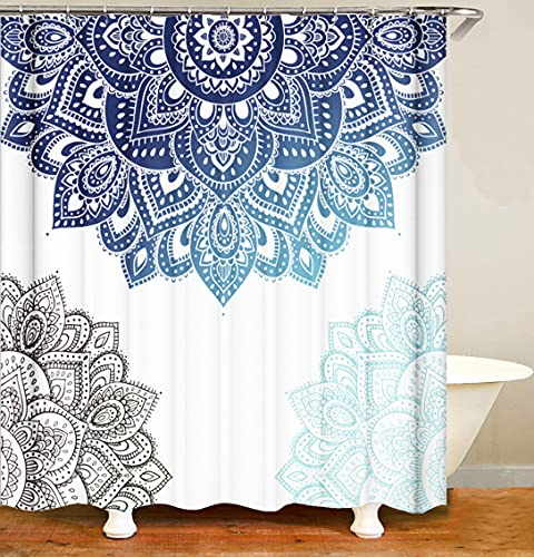 M&W DAS DESIGN Duschvorhang Boho Farbeverlauf Mandala blau grau blassblau Textil Vorhang Antischimmel Effekt waschbar 12 C-Ringe Gewicht unten