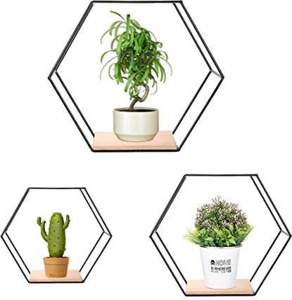 Umelee Set aus 3 Hexagon-Wandregalen, schwarzen schwebenden Regalen, Metall- und Holz-Hängeregalen für Schlafzimmer, Bad, Wohnzimmer, Küche, Waschküche, Aufbewahrung & Wanddekoration (Schwarz)