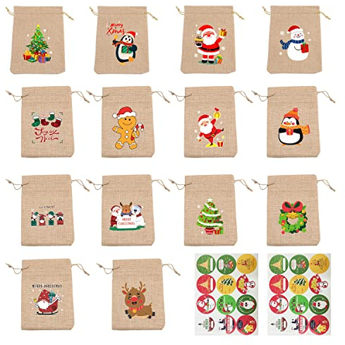 14er-Pack Weihnachtsgeschenkbeutel mit 2 Weihnachtsaufklebern, Weihnachtssüßigkeitsbeutel, Geschenkbeutel mit Kordelzug, Kinderweihnachtsparty-Zubehör zum Verpacken von Geschenken, Weihnachtsfeiern