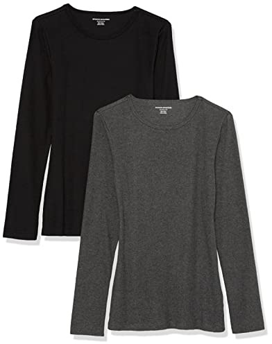 Amazon Essentials Women's Slim-Fit Long Sleeve Rib Knit Crew Neck Top (Available in Plus Size), Pack of 2, Black/Charcoal Heather, L