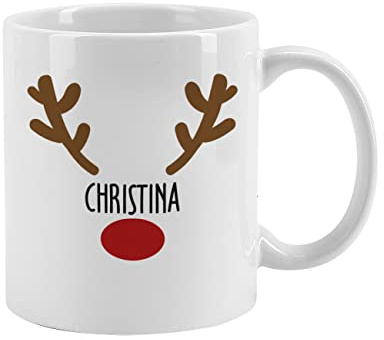 Herz & Heim® Personalisierte Weihnachts-Kaffeetasse mit Rentiernase Motiv und Wunschname Weiß