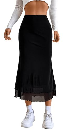 Verdusa Women's High Waisted Mesh Skirt Y2k Outfits Fishtail Bodycon Long Skirts Goth Clothes Black Medium