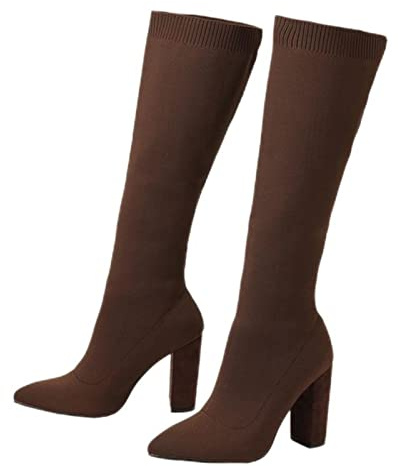 PAXAS Botas de media caña ajustadas de moda para mujer con puntera puntiaguda y tacón cuadrado Botas elásticas de malla casuales con cordones - Marrón, 37