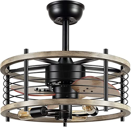 BVSPA Farmhouse Caged Ceiling Fan Industrial Ceiling Fans with Lights and Remote,Rustic Vintage Wood Industrial Light Fixture fan Suitable for Hallway Entryway Bedroom Balcony Dining Room