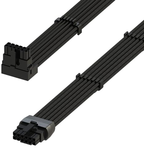 LINKUP - Câble d'alimentation haute puissance 600W PCIE 5.0 16 broches (12+4) AVA en angle gauche | Type moulé et soudé, 16AWG gainé | Compatible avec RTX5000 RTX4000 RTX3000 FE | 70 cm Noir