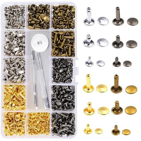 Forhome Leder Nieten Set, 360 Set Leder Nieten Doppelkappe Nieten, Metall Doppelkappe Rive Metall Ohrstecker Hohlnieten, mit 3 Stück Fixierung Werkzeug für DIY Lederhandwerk Reparaturen Dekoration
