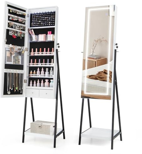 GOPLUS Armoire a Bijoux avec Miroir, 2 en 1 Armoire à Bijoux sur Pied avec LED 3 Couleurs, Intelligent Tactile, Organisateur de Bijoux Verrouillable avec Grand Rangement 2 Tiroirs 1 Plateau, Blanc