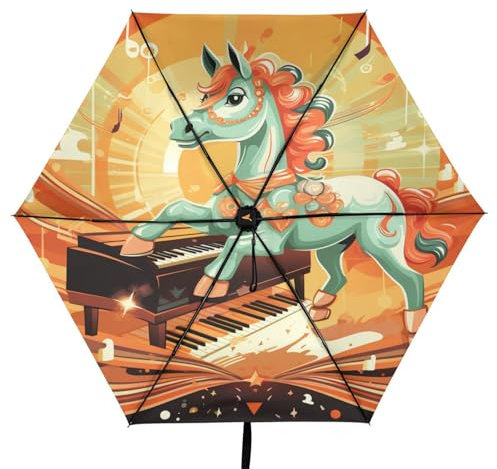 Linnyio Lustiges Cartoon Klavier Einhorn Taschenschirm, UV-Schutz, Kompakter Reiseschirm, Sonnenschutz für Jungen und Mädchen