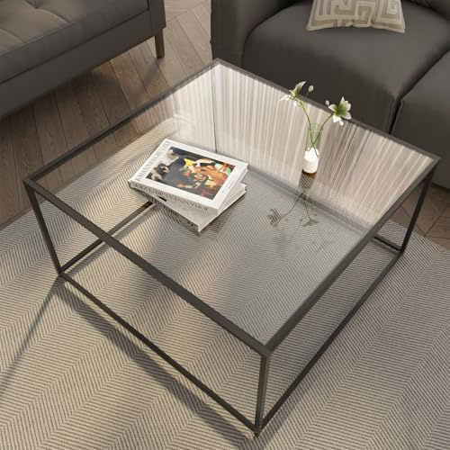 Glass Coffee Table Modern Center Table,Minimalist Coffee Table Sofa Side Tea Table for Living Room,Tempered Glass-top with Sturdy Metal Frame, Easy Assembly,26.4 x 26.4 x 15.7 Inches, Black