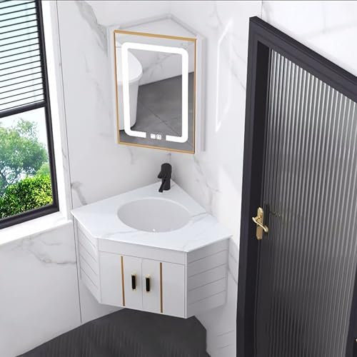 Eckwaschbecken aus Keramik, Eckwaschtisch für Badezimmer, Eckwaschtisch mit Waschbecken und Spiegelschrank, LED-Spiegel mit beschlagfreiem Wandwaschbeckenschrank, moderner Badezimmer-Aufbewa