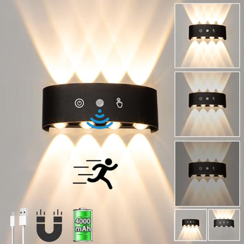 TRUYOK Akku Wandleuchte mit bewegungsmelder 4000mAh Kabellos Aufladbar USB Wandlampe Up Down Magnetisch Nachtlicht mit Touch Schalter Dimmen Innen Wandlampe für Flure Treppen Schlafzimmer (Schwarz)