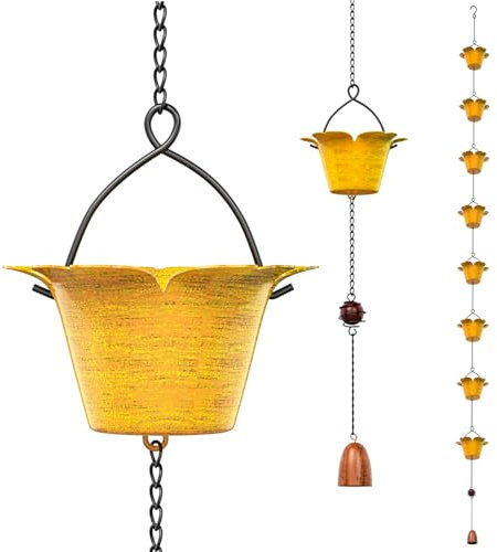 KHayRovies Catena della Pioggia del Metallo,Catene da Pioggia per Esterni, deviatore per Acqua piovana, Catene di Raccolta dell'Acqua PiovanaDecorazione per Casa e Giardino (Giallo)