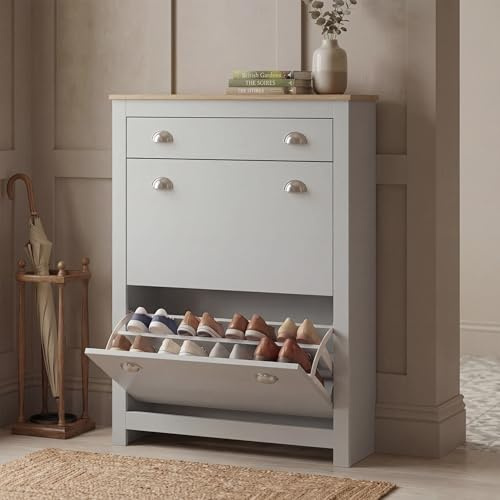 Blisswood Shoe Cabinet, Wooden Shoe Storage Unit with 2 Flip Drawers & 1 Open Drawer, Freestanding Shoe Rack Organiser, Adjustable Shelves, Cupboard for Entryway Footwear Stand Hallway Furniture_Grey