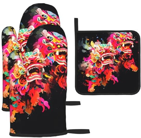 WZYWHJ Lot de 3 maniques double lion Dance Picture - Tissu épais, durable et imperméable pour la protection contre la chaleur