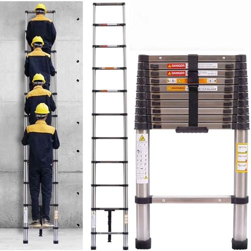 3.2M Stainless Steel Extension Ladder, Anti-Slip Feet Portable 150KG Max Capacity Loft Ladder Multi-Purpose Collapsible Ladder for Outdoor Indoor