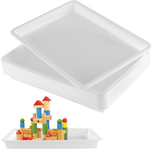 SINJEUN 12 stycken konstgjorda brickor, vita av plast, 39,5 x 28,5 x 4 cm, materialskålar, stapelbara aktivitetsbricka, plastskålar, rektangulära, serveringsbricka för organisering