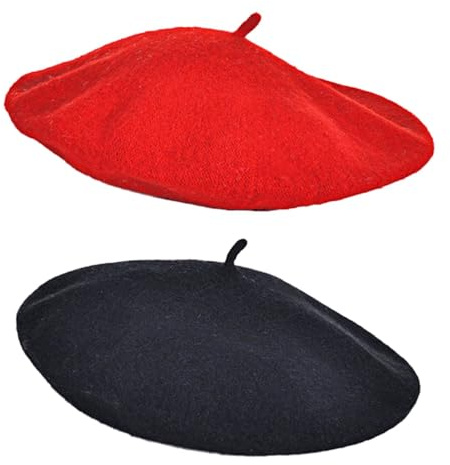KIRVOS Barett, klassisches reines französisches Barett, Damen-Barett, klassisches Künstler-Barett, Winter-Barett – Einheitsgröße 2 Stück – Schwarz, Rot