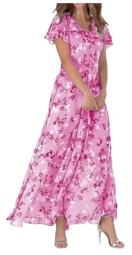 Robe Décontractée Femmes à Manches Longues Taille Haute Ligne A Robes Portefeuille à Col en V Mi Longue Summer Maxi Dresses for Women Couvrir Beach Maillots de Bain Cover Up 2025 （Rose Vif,3XL）