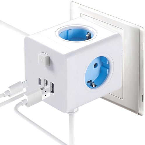 7 in 1 Steckdosenleiste mit USB, Steckdose mit Schalter, Tragbar Steckdosenverteiler Fach, Steckdosenleiste Ohne Kabel, für Büro, Hause, Reisen