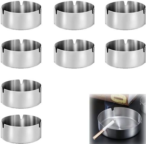 Stainless Steel Ashtray, Pack of 8 Ashtrays for Outdoors, 8 cm Round Modern Tabletop Ashtray, Portable Ashtray for Balcony, Home, Office, Indoor, Outdoor - Silver