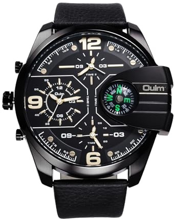 JewelryWe Herrenuhr Große Uhren mit 3 Zeitzonen, Herren Analog Quarz Armbanduhr mit DREI Uhrwerken Schwarz Übergroßes Zifferblatt Outdoor Sportuhr mit PU Lederarmband und Dekorativem Kompass