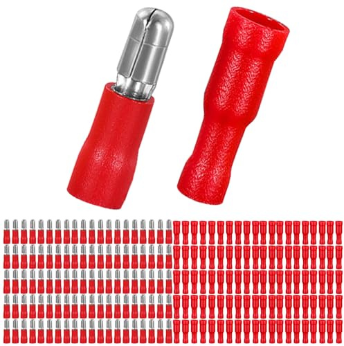Editbar 100 Stück 0.5-1.5mm² Kabelschuhe – Rundstecker Rot und Rundsteckhülsen Rot für KFZ, Motorrad, Elektrik, Quetschverbinder, Isolierte Schnellverbinder aus Kupfer mit PVC Hülle