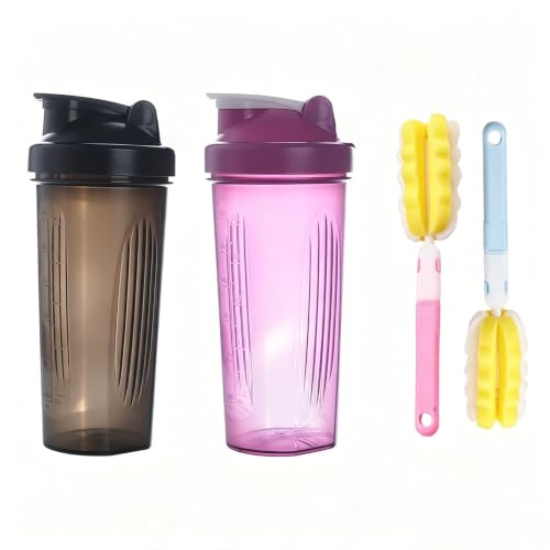 2 Stück Proteinshaker Flasche, Protein Shaker Bottle, Eiweiß Shaker, Protein Shaker mit 2 Mixball Edelstahl + 2 Schaumstoffbürste für Fitness Eiweiß, Auslaufsicherer Deckel mit Schlaufe, 600ml