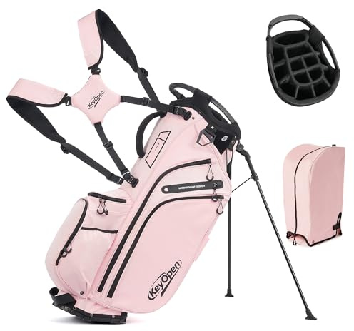 KeyOpen Lightweight Golf Stand Bag, 14 Way Golf Bags with Full Length Dividers for Men Women, Encrypted 900D Weather-Proof Club Carry Bag with Ergonomic Dual Strap, Cooler Pockets, 9 Pockets, Pink