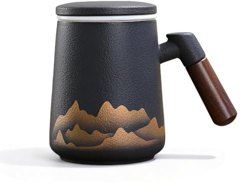 Guador Ceramica Taza De Te Con Filtro y Tapa, Taza Infusiones Con Tapa y Filtro,450ml Tetera Infusiones Tazas De Te Con Asa De Madera